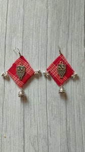 Handcrafted Gamcha Fabric Earrings with Owl Motif and Jhumka Attachment