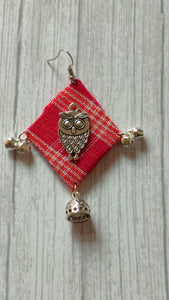 Handcrafted Gamcha Fabric Earrings with Owl Motif and Jhumka Attachment