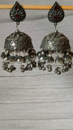 Load image into Gallery viewer, Long Dangler Jhumka Earrings with Rhinestones and White Beads
