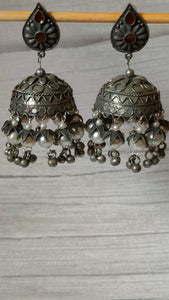 Long Dangler Jhumka Earrings with Rhinestones and White Beads