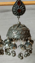 Load image into Gallery viewer, Long Dangler Jhumka Earrings with Rhinestones and White Beads
