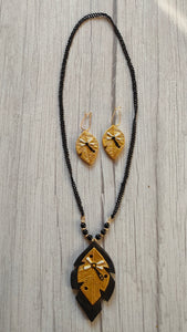 Elegant Leaf Shape Black & Golden Handcrafted Terracotta Clay Necklace Set