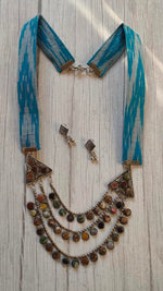 Load image into Gallery viewer, Ikat Fabric Long Necklace Set with 3 Layer Metal Strings Rhinestones Embedded Pendant
