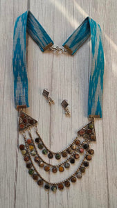 Ikat Fabric Long Necklace Set with 3 Layer Metal Strings Rhinestones Embedded Pendant