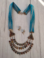 Load image into Gallery viewer, Ikat Fabric Long Necklace Set with 3 Layer Metal Strings Rhinestones Embedded Pendant
