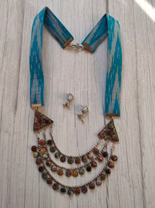 Ikat Fabric Long Necklace Set with 3 Layer Metal Strings Rhinestones Embedded Pendant