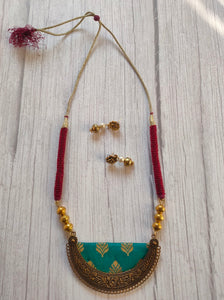 Fabric Necklace Set with Intricate Work Metal Pendant