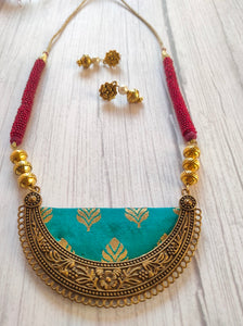 Fabric Necklace Set with Intricate Work Metal Pendant