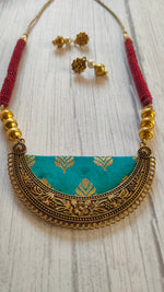 Load image into Gallery viewer, Fabric Necklace Set with Intricate Work Metal Pendant
