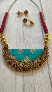 Fabric Necklace Set with Intricate Work Metal Pendant