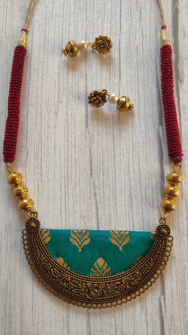 Fabric Necklace Set with Intricate Work Metal Pendant