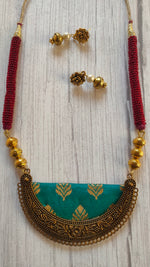 Load image into Gallery viewer, Fabric Necklace Set with Intricate Work Metal Pendant
