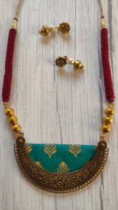 Fabric Necklace Set with Intricate Work Metal Pendant