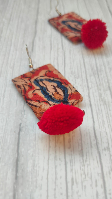 Handcrafted Kalamkari Fabric Earrings with Pom Pom