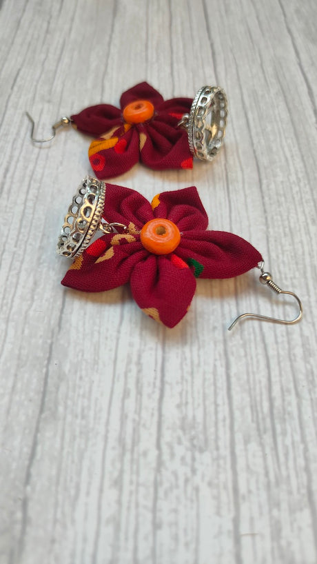 Maroon Handcrafted Fabric Earrings with Jhumka Endings