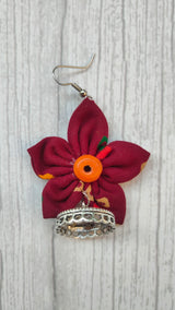 Maroon Handcrafted Fabric Earrings with Jhumka Endings