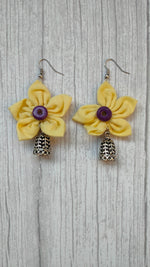 Load image into Gallery viewer, Yellow Handcrafted Fabric Earrings with Jhumka Strands
