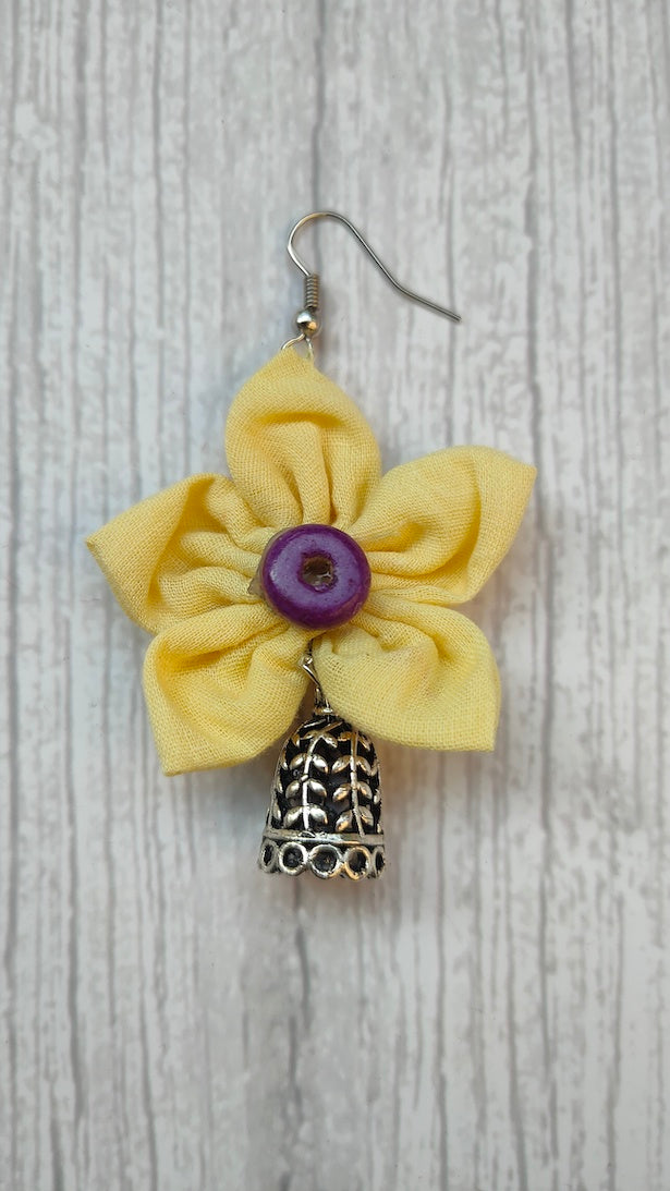 Yellow Handcrafted Fabric Earrings with Jhumka Strands