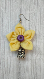 Load image into Gallery viewer, Yellow Handcrafted Fabric Earrings with Jhumka Strands
