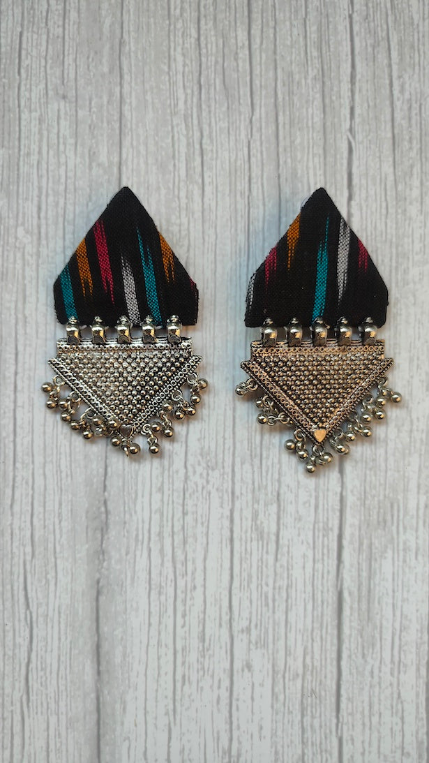 Black Ikat Fabric Earrings with Metal Detailing
