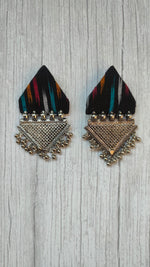 Load image into Gallery viewer, Black Ikat Fabric Earrings with Metal Detailing
