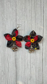 Black and Red Handcrafted Fabric Earrings with Metal Embellishments