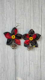 Load image into Gallery viewer, Black and Red Handcrafted Fabric Earrings with Metal Embellishments
