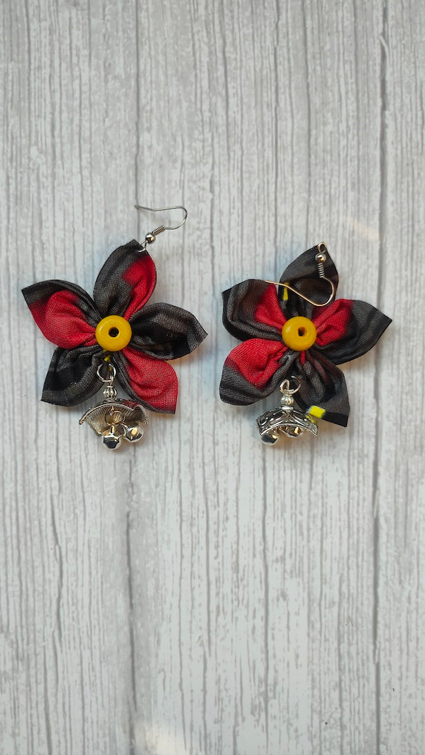 Black and Red Handcrafted Fabric Earrings with Metal Embellishments