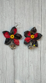 Black and Red Handcrafted Fabric Earrings with Metal Embellishments