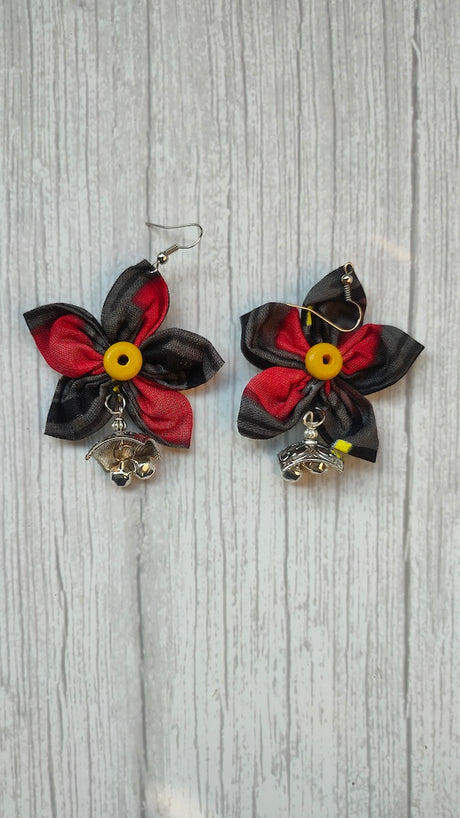 Black and Red Handcrafted Fabric Earrings with Metal Embellishments