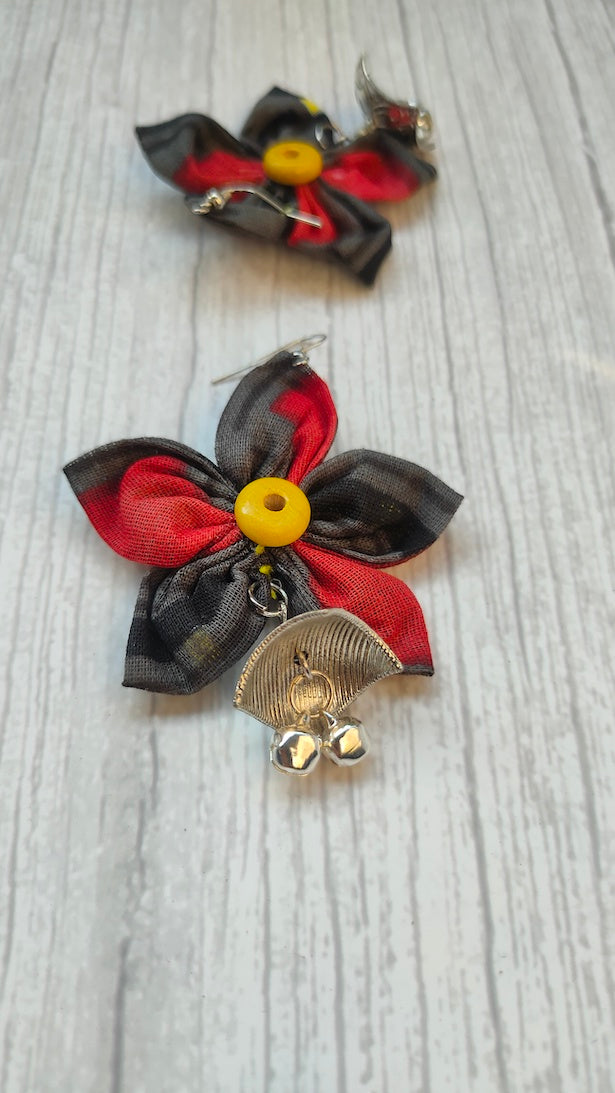 Black and Red Handcrafted Fabric Earrings with Metal Embellishments