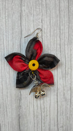 Load image into Gallery viewer, Black and Red Handcrafted Fabric Earrings with Metal Embellishments
