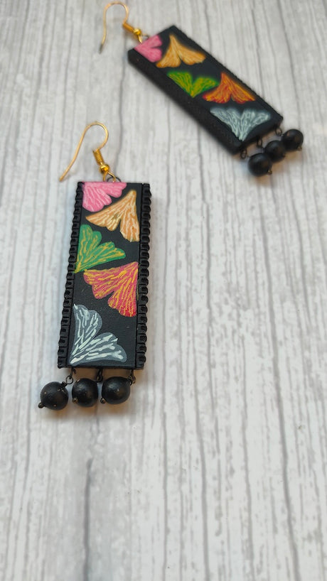 Handpainted Flowers Black & Multi-Color Terracotta Clay Earrings