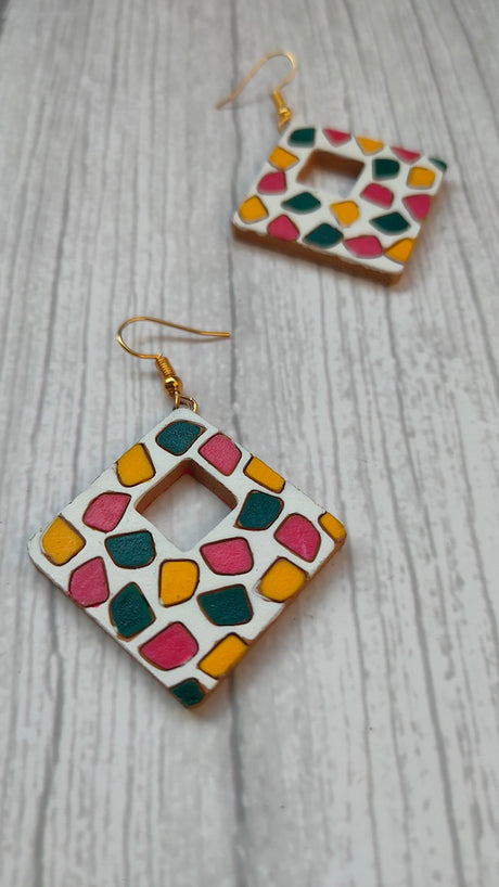 Handpainted White & Multi-Color Terracotta Clay Dangler Earrings