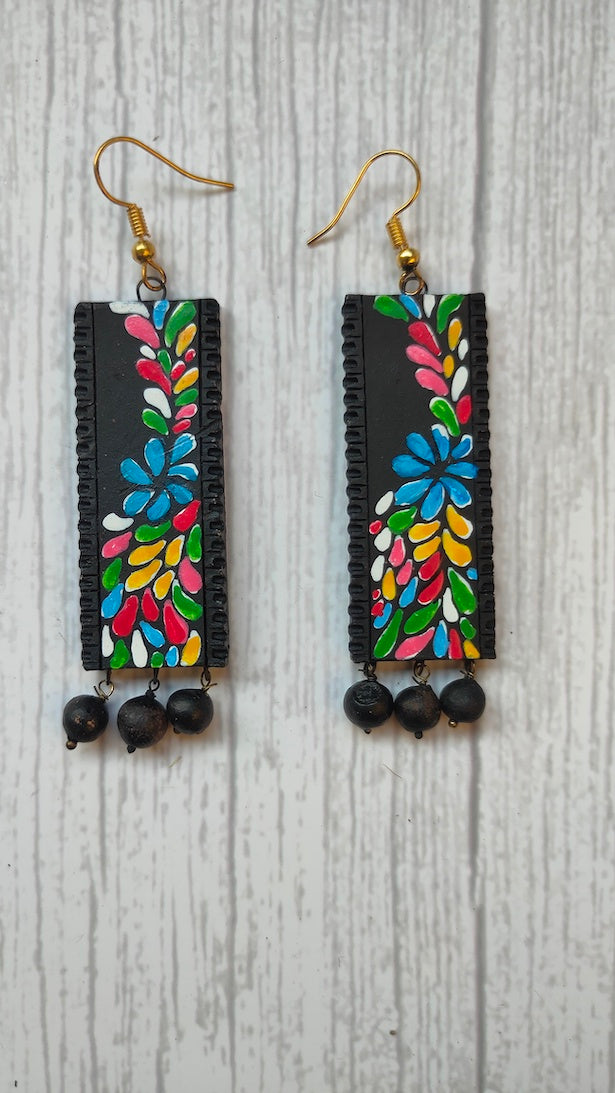 Handpainted Black & Multi-Color Terracotta Clay Earrings