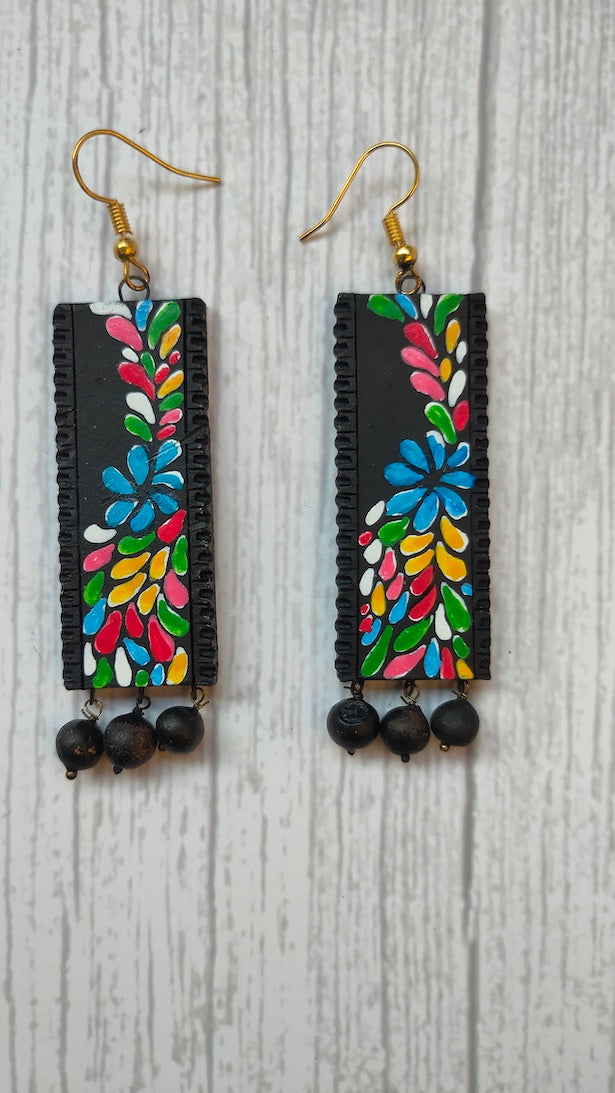 Handpainted Black & Multi-Color Terracotta Clay Earrings