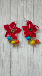Load image into Gallery viewer, Red Handcrafted Fabric Earrings with Jute Strings
