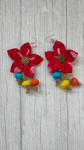 Red Handcrafted Fabric Earrings with Jute Strings
