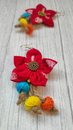 Load image into Gallery viewer, Red Handcrafted Fabric Earrings with Jute Strings
