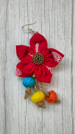 Load image into Gallery viewer, Red Handcrafted Fabric Earrings with Jute Strings

