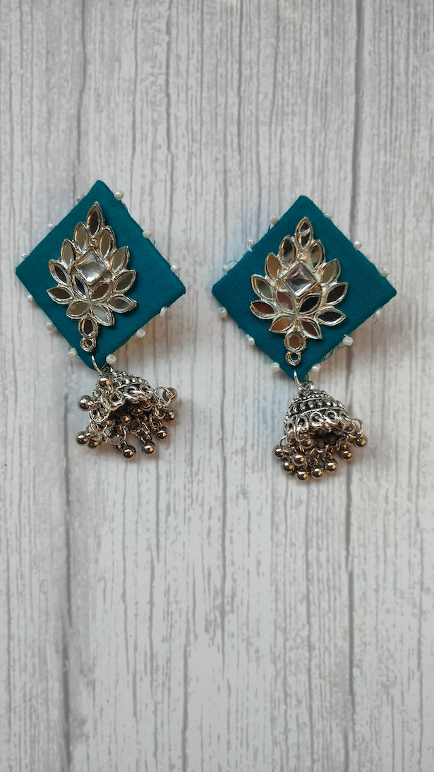 Fabric Earrings with Mirror Work and Metal Jhumkas