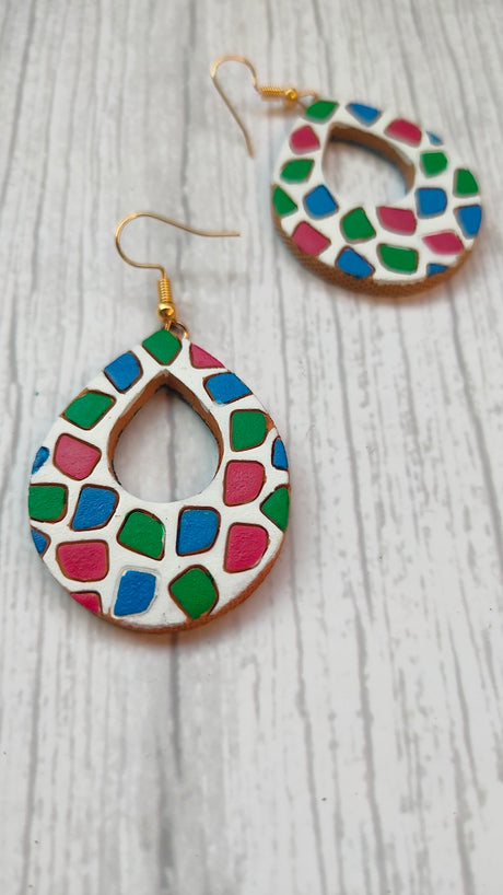Handpainted Teardrop White & Multi-Color Terracotta Clay Dangler Earrings