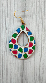 Handpainted Teardrop White & Multi-Color Terracotta Clay Dangler Earrings