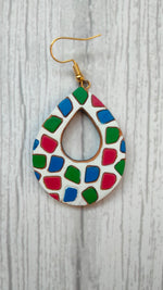 Load image into Gallery viewer, Handpainted Teardrop White &amp; Multi-Color Terracotta Clay Dangler Earrings
