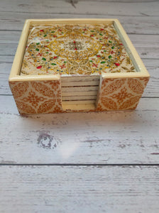 Wooden Coasters and Case with Ethnic Enamel Painted Flower Motifs (Set of 6)