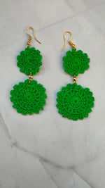 Load image into Gallery viewer, 2 Layer Green Flower Handcrafted Crochet Earrings
