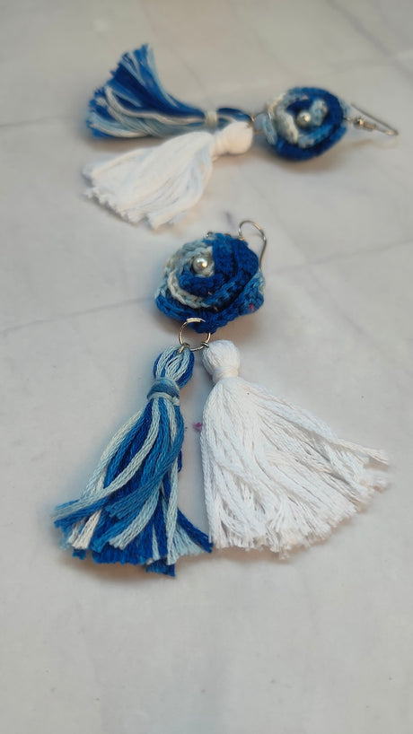 Shades of Blue and White Flower Handcrafted Crochet Dangler Earrings