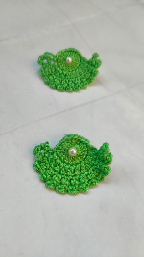 Green Half Moon Shape Flower Handcrafted Crochet Earrings