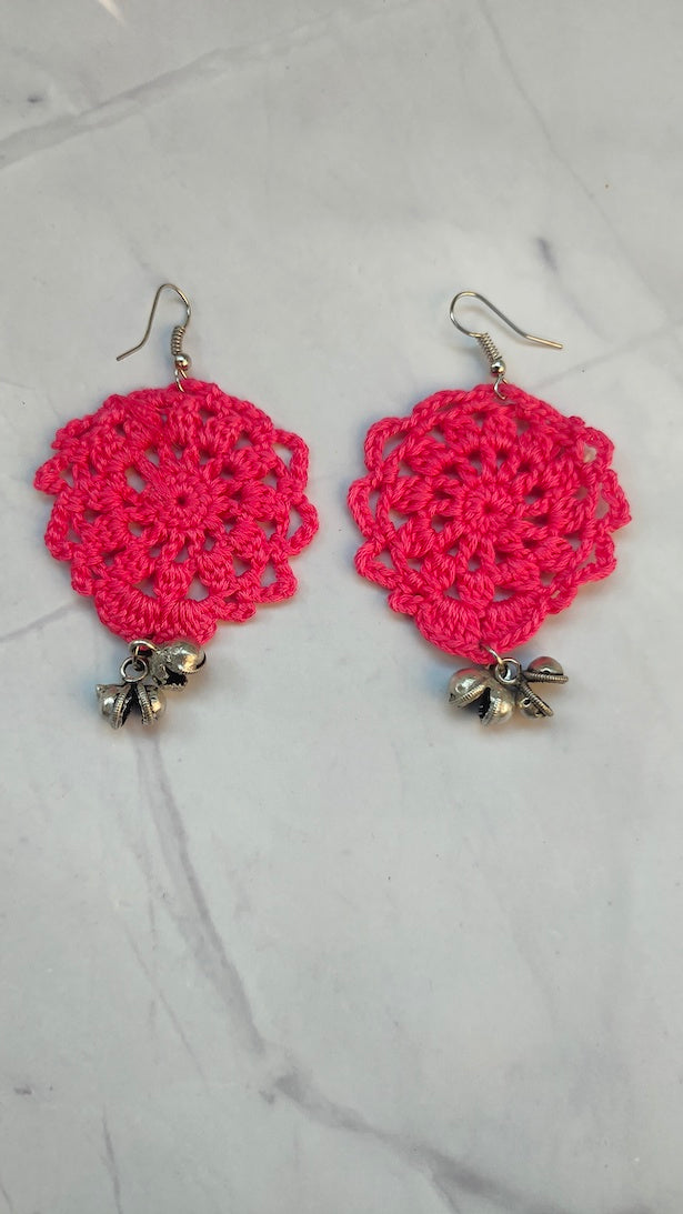 Pink Jaali Pattern Handcrafted Crochet Earrings with Metal Beads