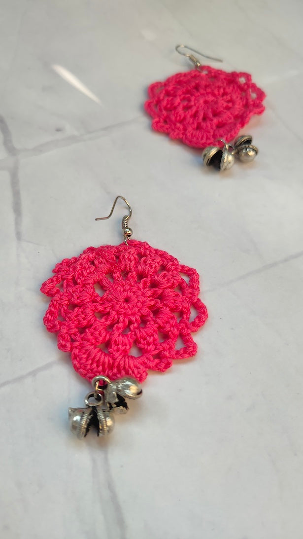 Pink Jaali Pattern Handcrafted Crochet Earrings with Metal Beads